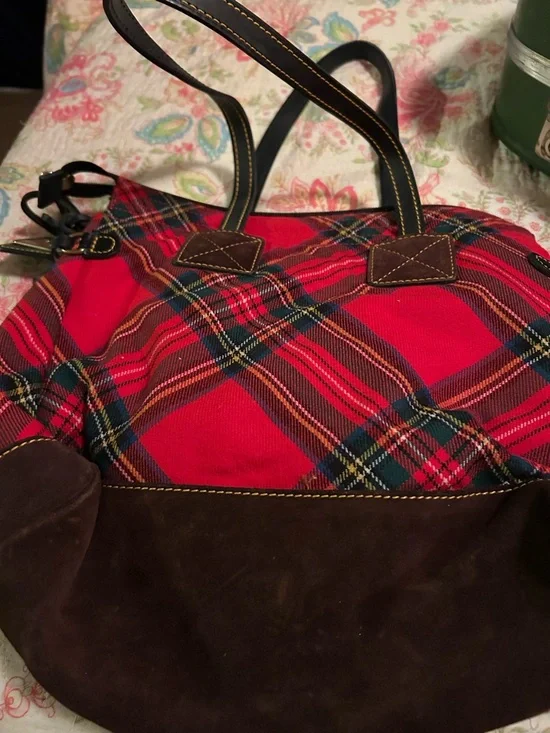 Dooney & Bourke Red Plaid Tote with Brown Trim - Picture 4 of 6